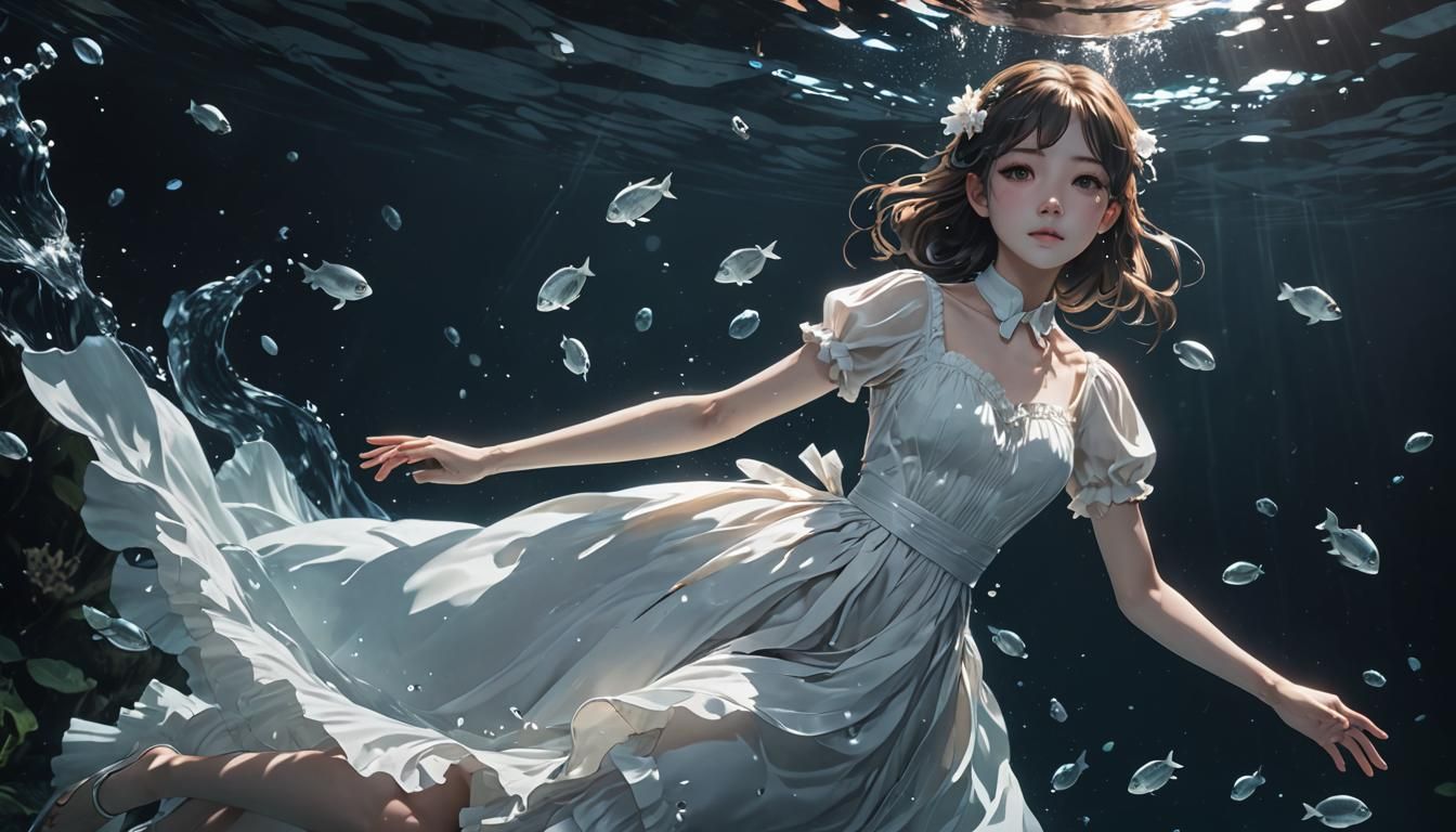 Girl in White Dress Floating Underwater: Anime Art