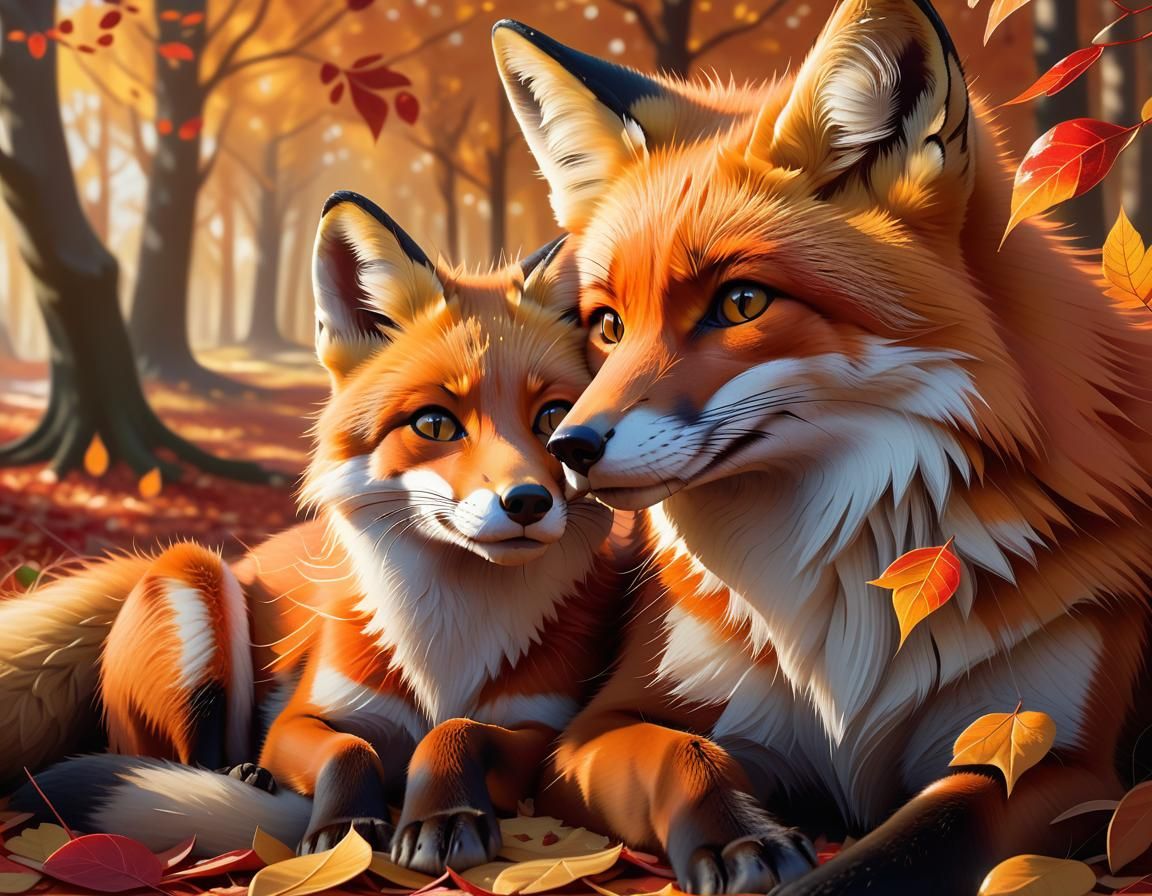 Fox and Cub in Autumnal Sunlight