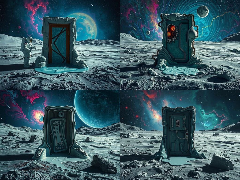 Melting High Tech Door on Lunar Surface in Surrealist Style