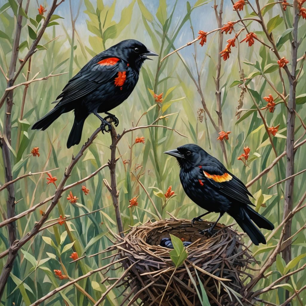 Blackbird Defending Nest in Gouache Watercolor Style