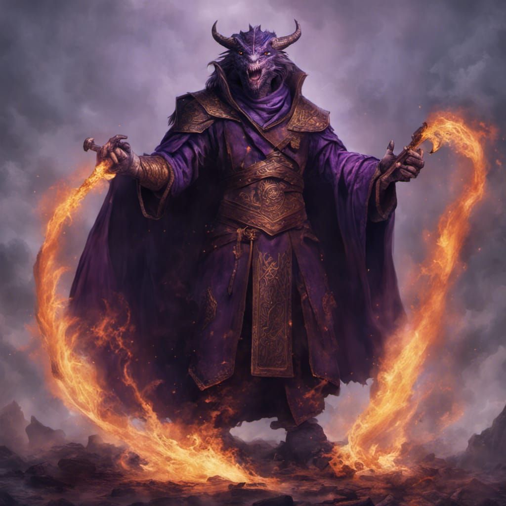 Purple Dragonborn Wizard Casting Firebolt Spell