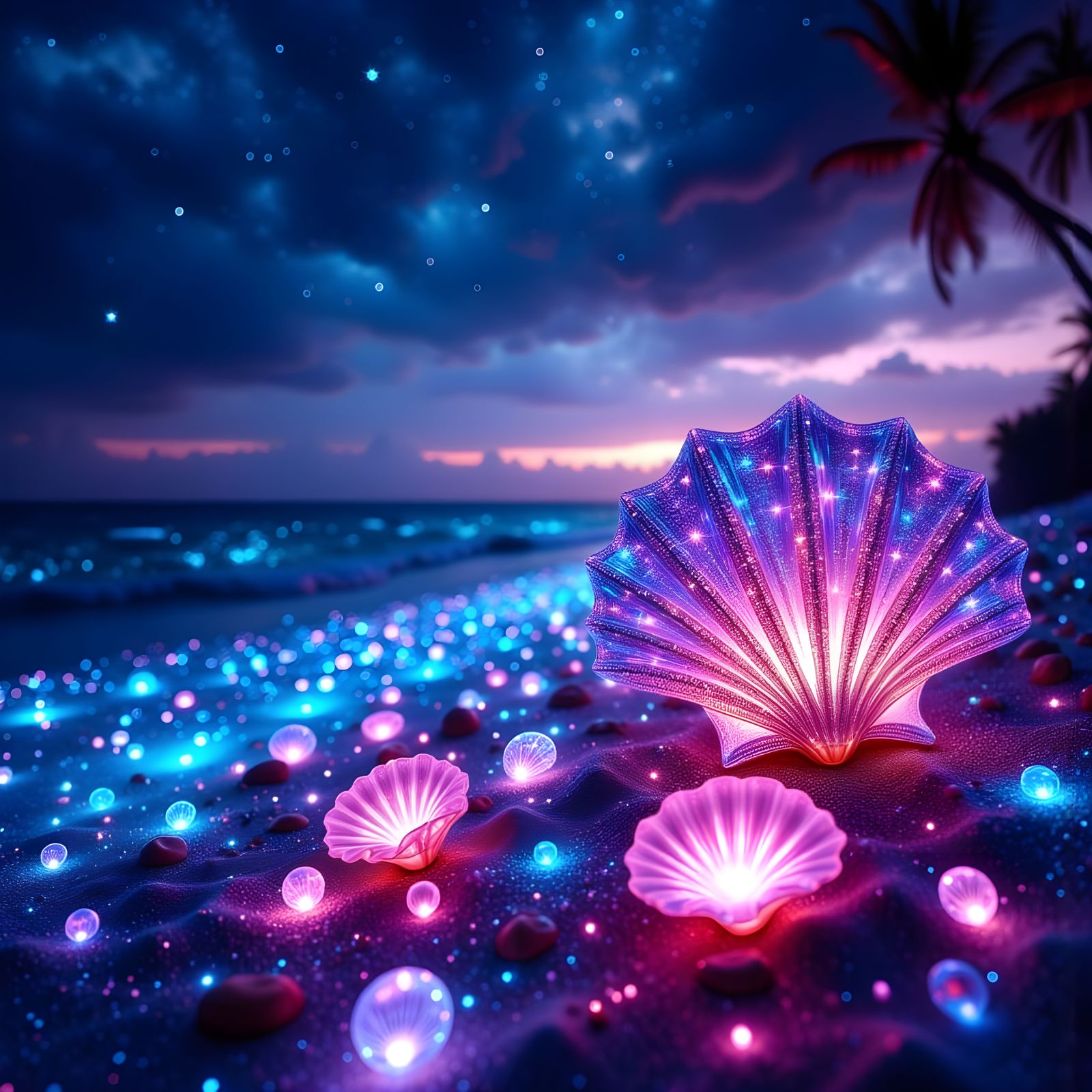 Glowing Neon Ocean Scene with Sparkling Details