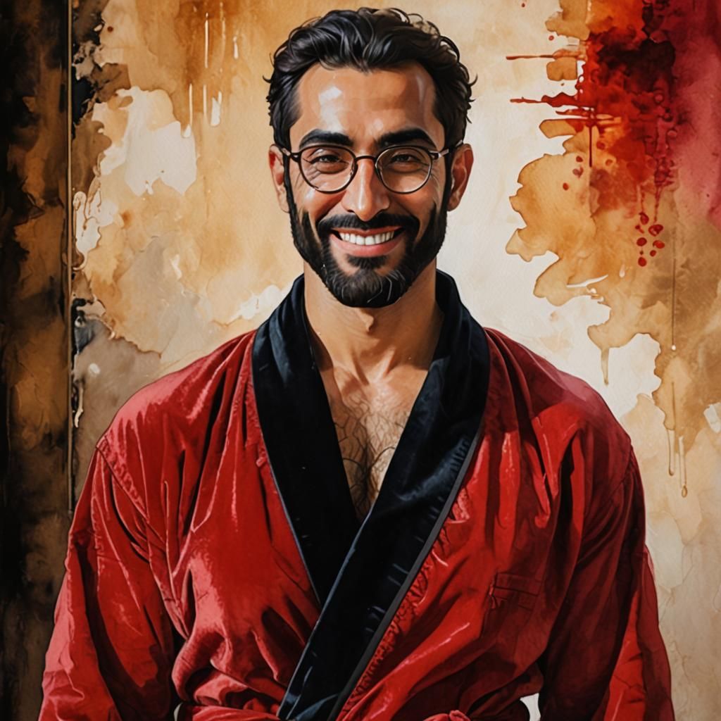 Friendly Iranian Man in Red Robe, Impressionist Portrait