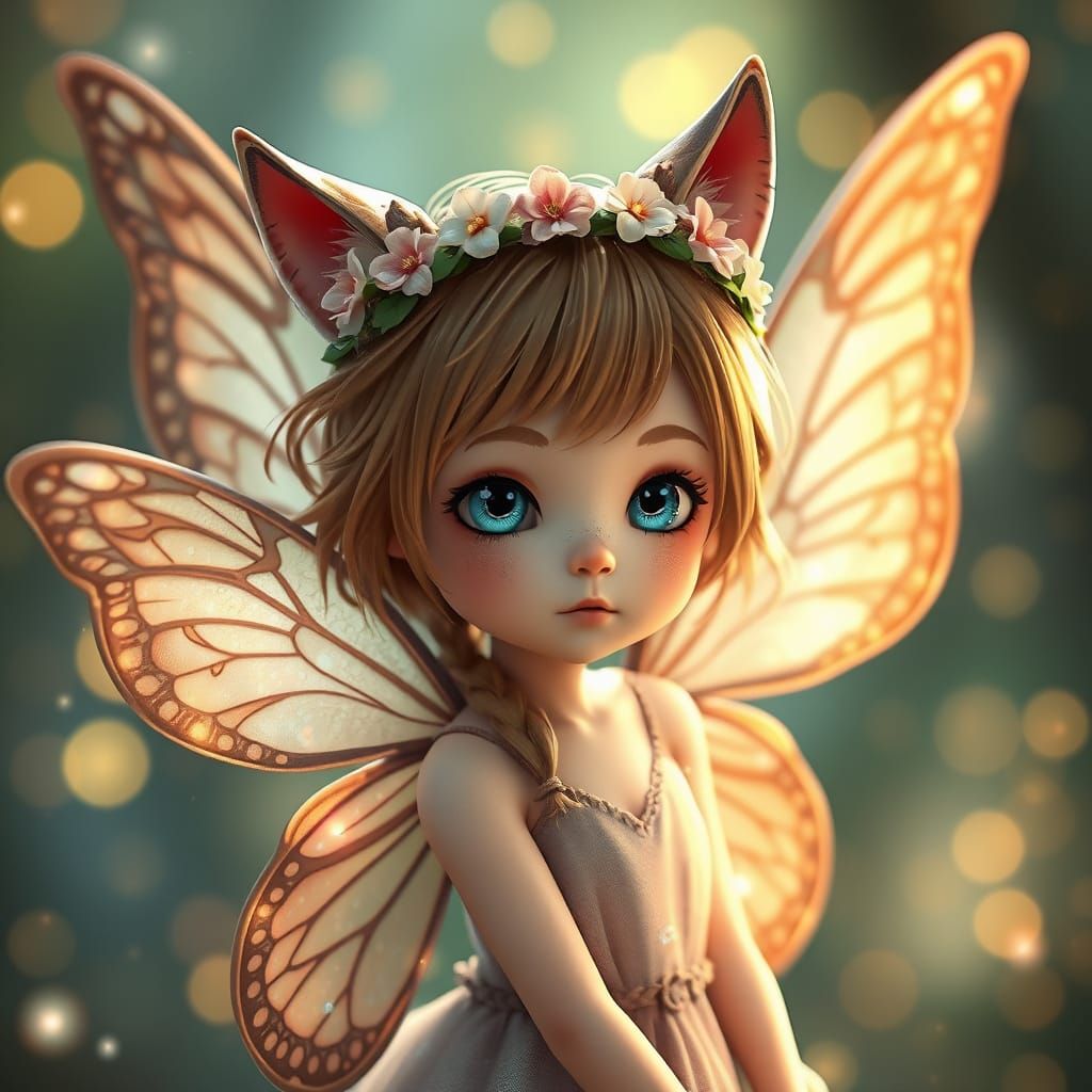 Anime Fairy Girl with Wolf Ears and Butterfly Wings