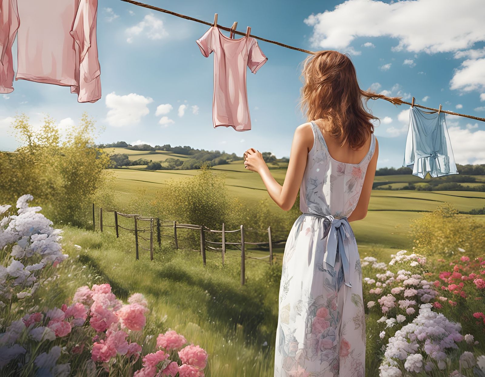 Young Lady Hanging Washing: Photorealistic Oil Painting