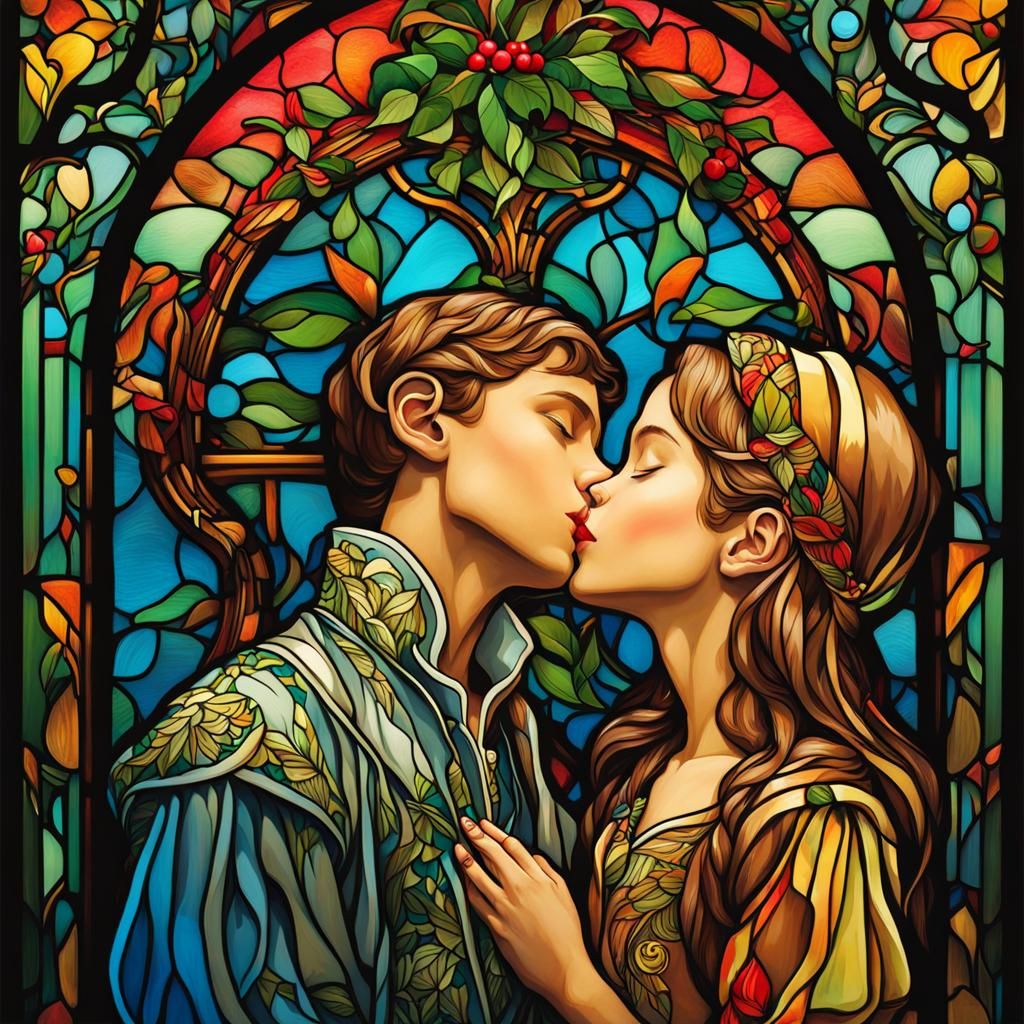 Stained Glass Kiss Under Mistletoe in Art Nouveau Style