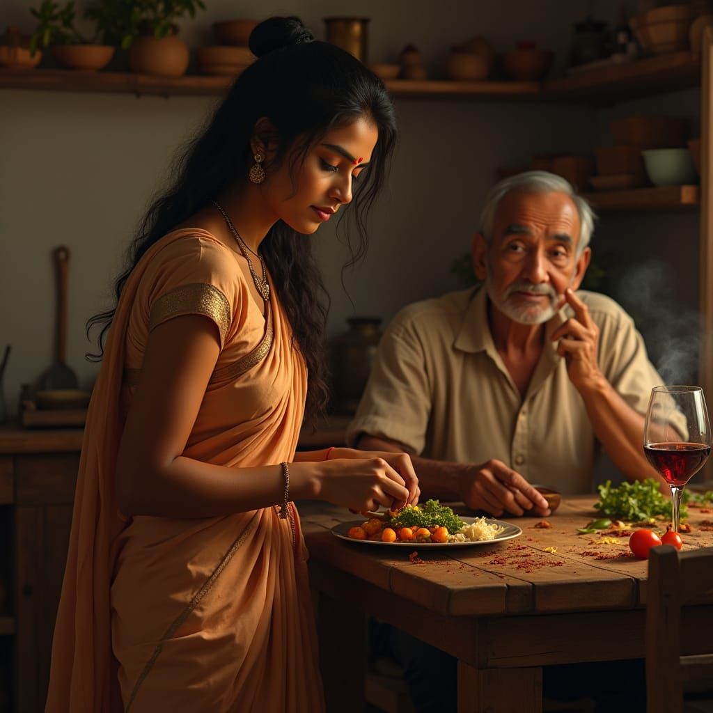 Tamil Woman in Traditional Kitchen, Warm and Cozy Atmosphere