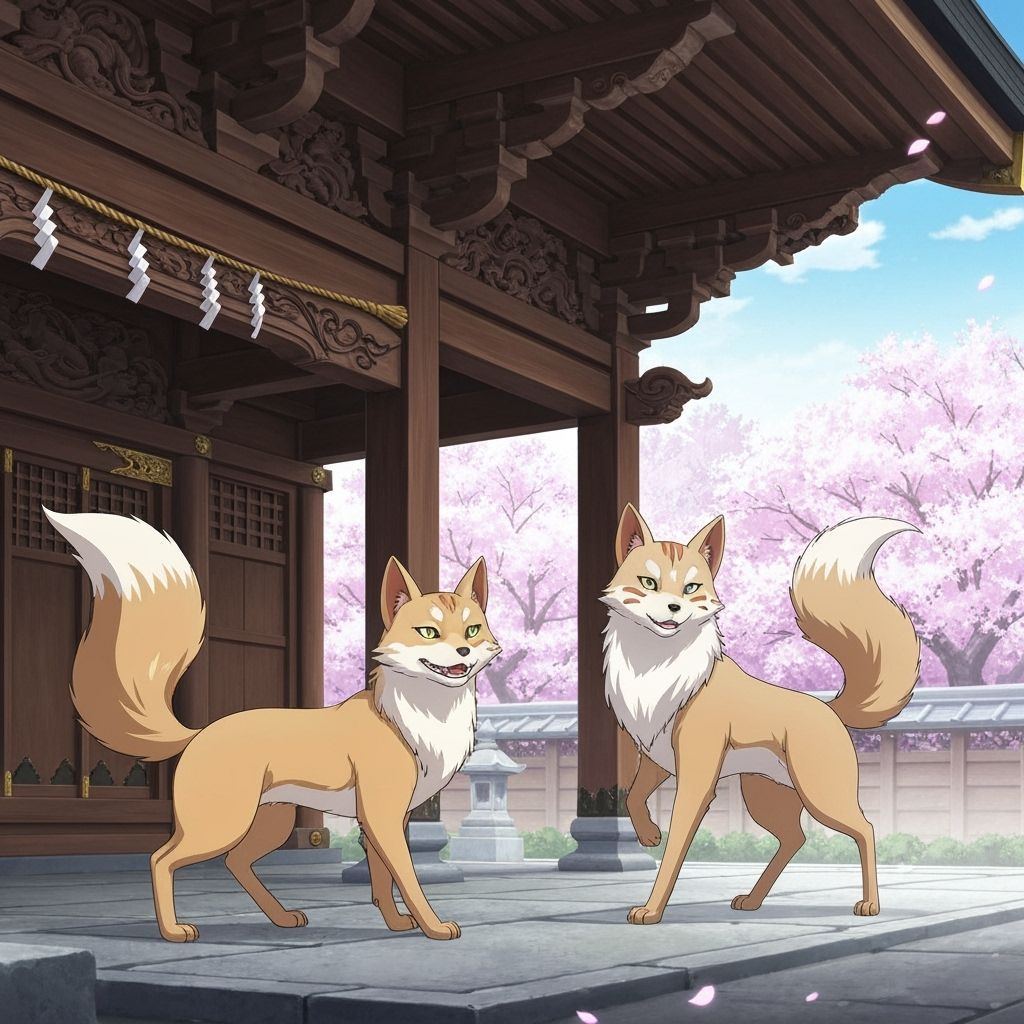 Kitsune Guardian Deities Protect Shrine, Anime Style
