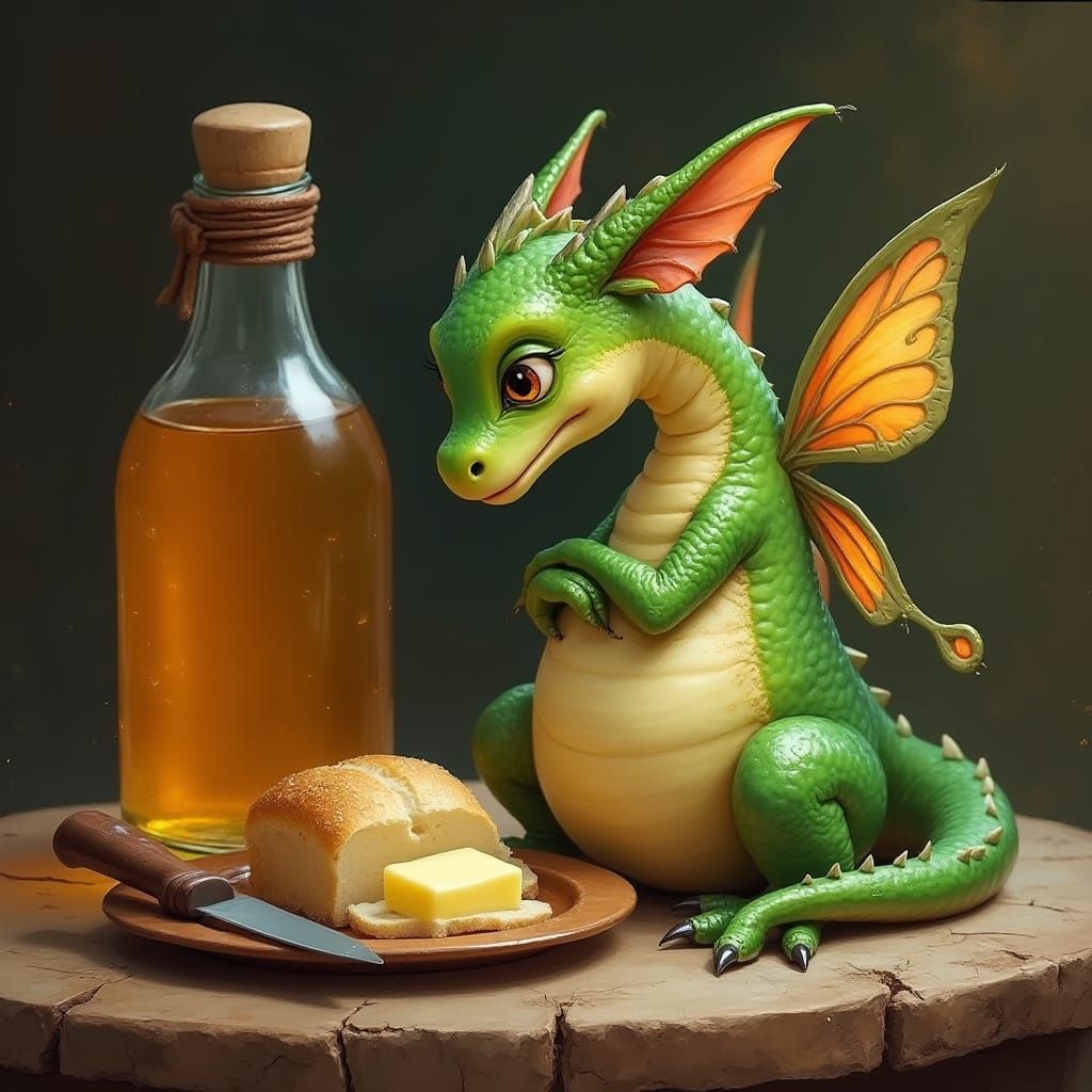Whimsical Dragon Sits Beside Honey and Bread in Cozy Setting
