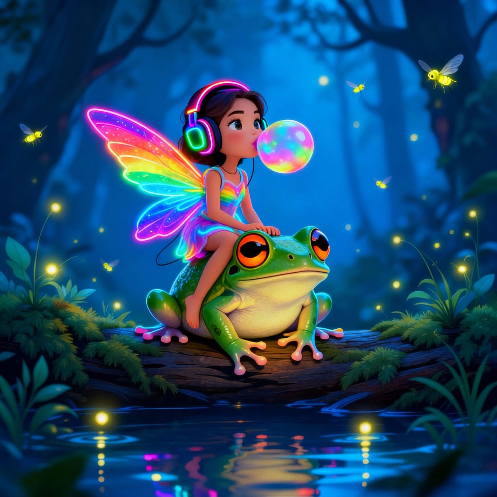 Rainbow Fairy Sits on Frog, Blows Neon Gum