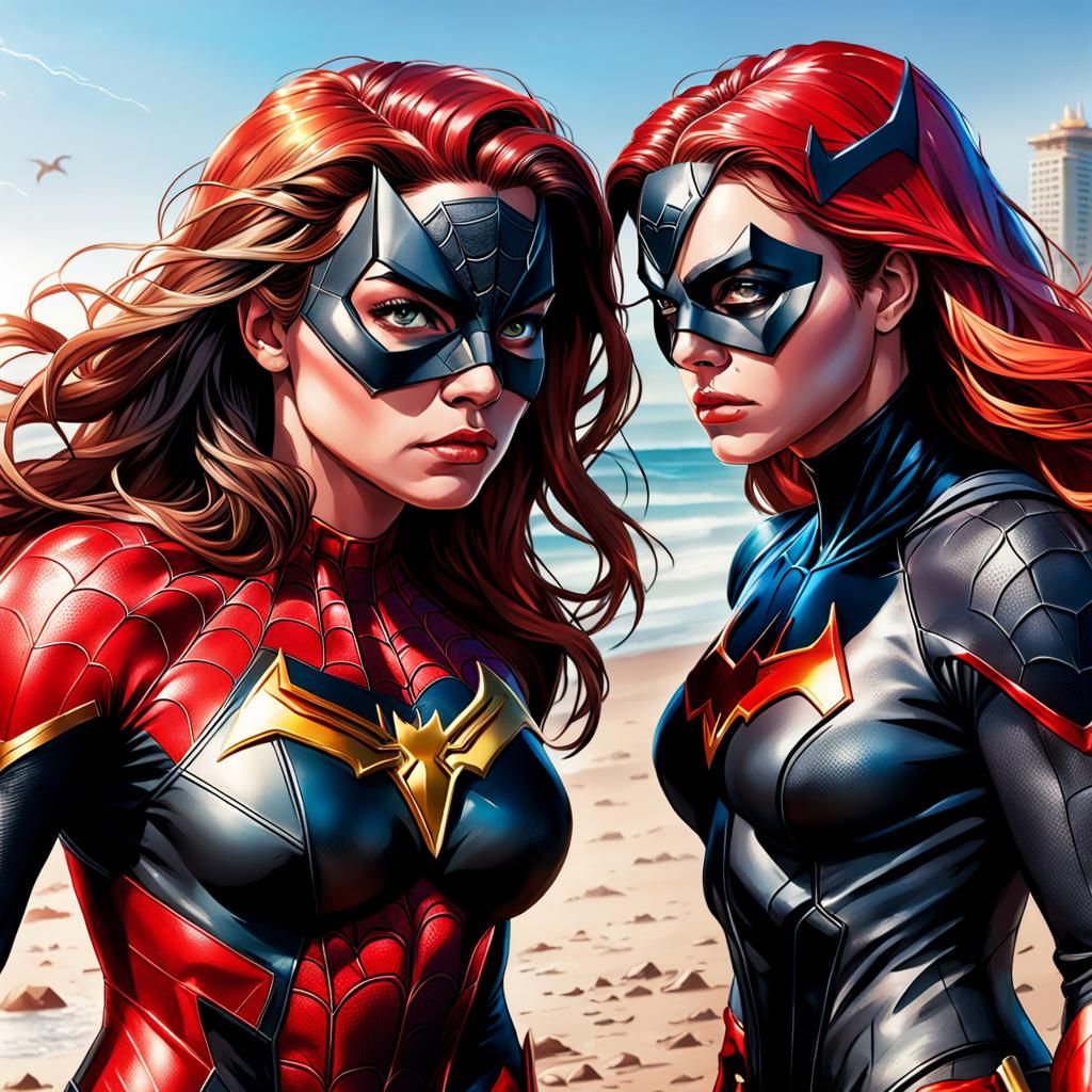 Spiderwoman and Batwoman on the Beach in Splash Art