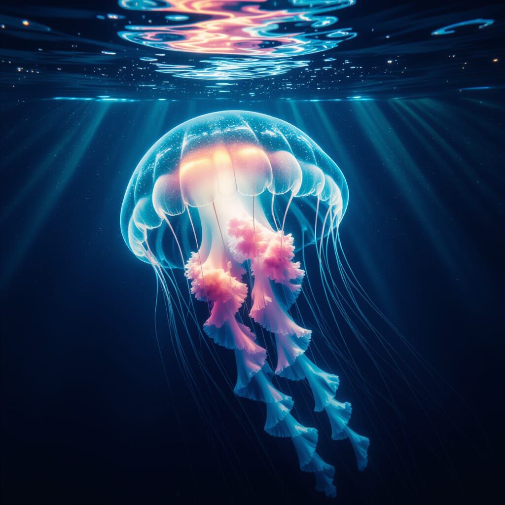 Bioluminescent Jellyfish in Ethereal Underwater Landscape