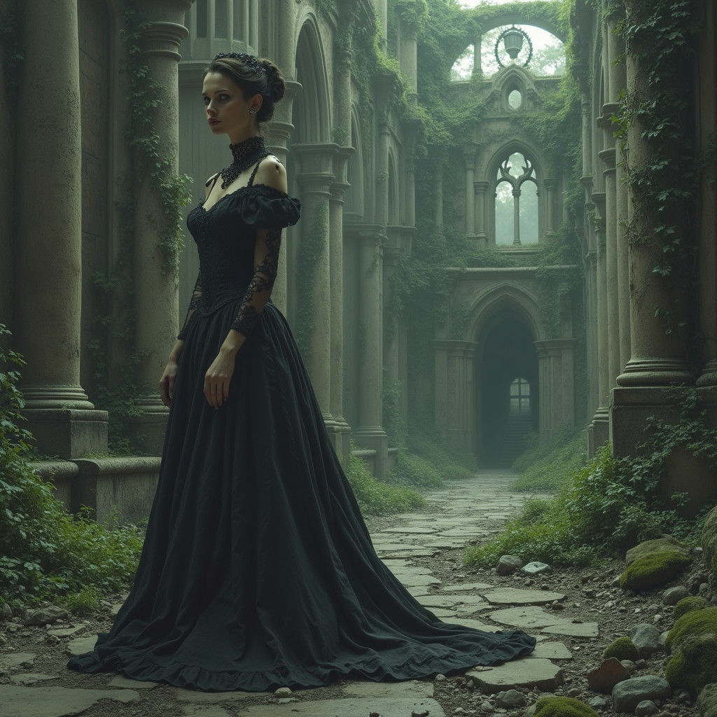 Victorian Lady in Gothic Ruins, Dramatic Illustration