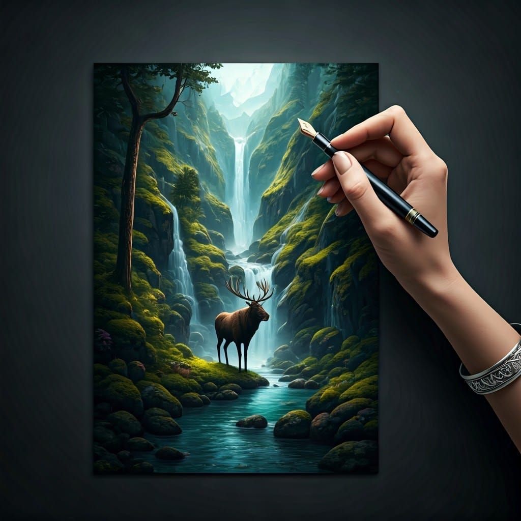 Hand Illustrating Mountain Landscape with Fountain Pen