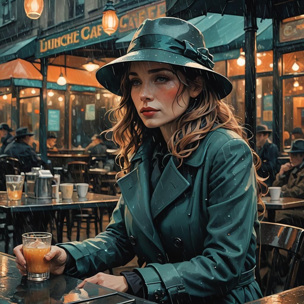 Film Noir Woman in Rainy Cafe, Alphonse Mucha Style