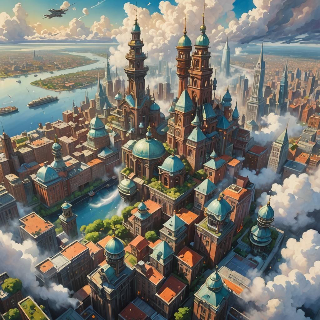 Floating Metropolis: Aerial Gouache Painting with Airships