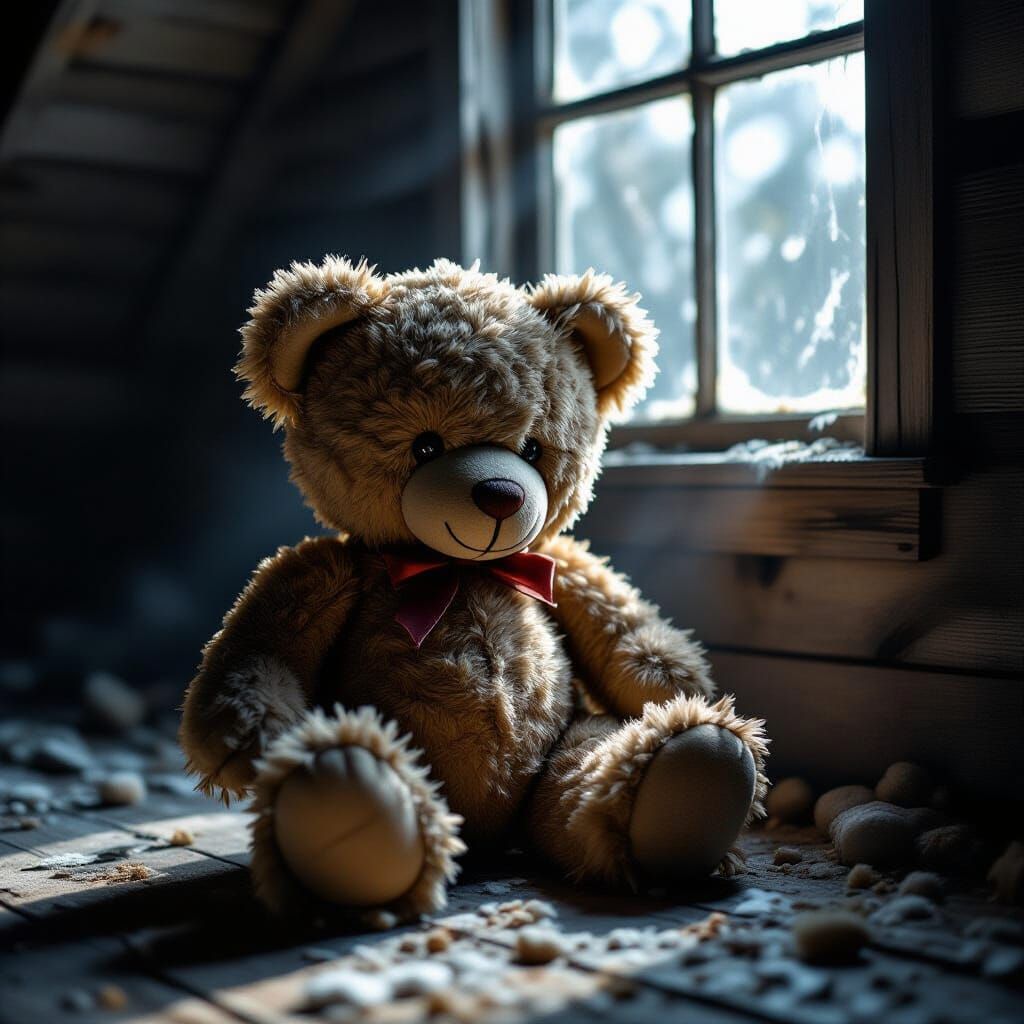 Tattered Teddy Bear in Dusty Attic by Moonlight