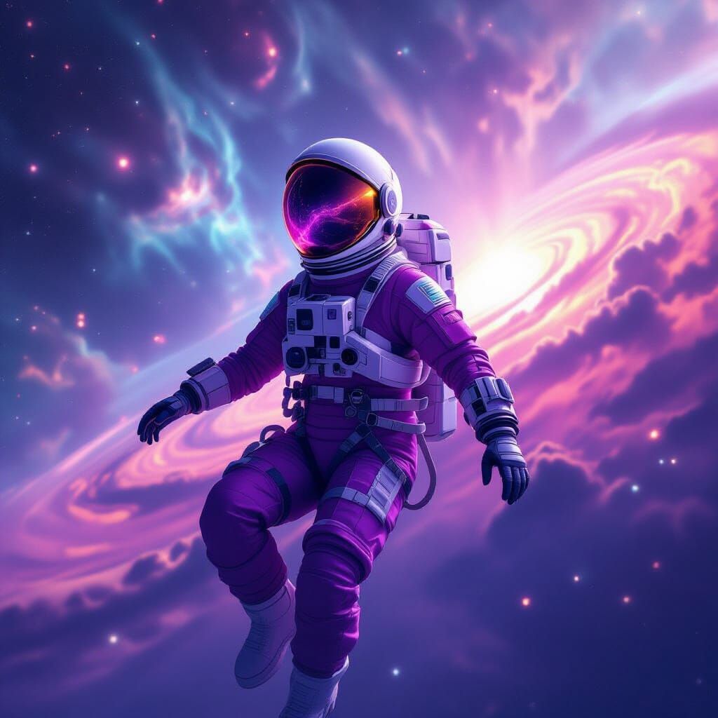 Astronaut Drifting Through Cosmic Nebulae in Digital Matte S...