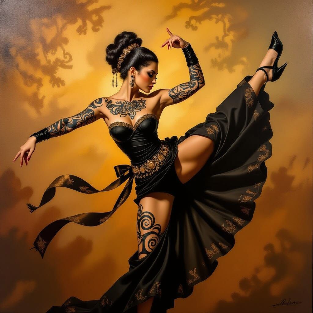 Elegant Woman with Tattoos in Baroque Oil Painting