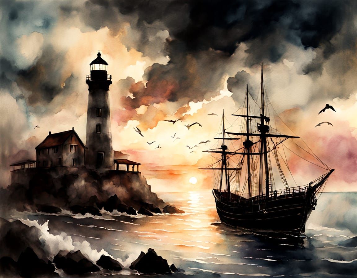 Lighthouse in Fog: Minimalist Watercolor Painting