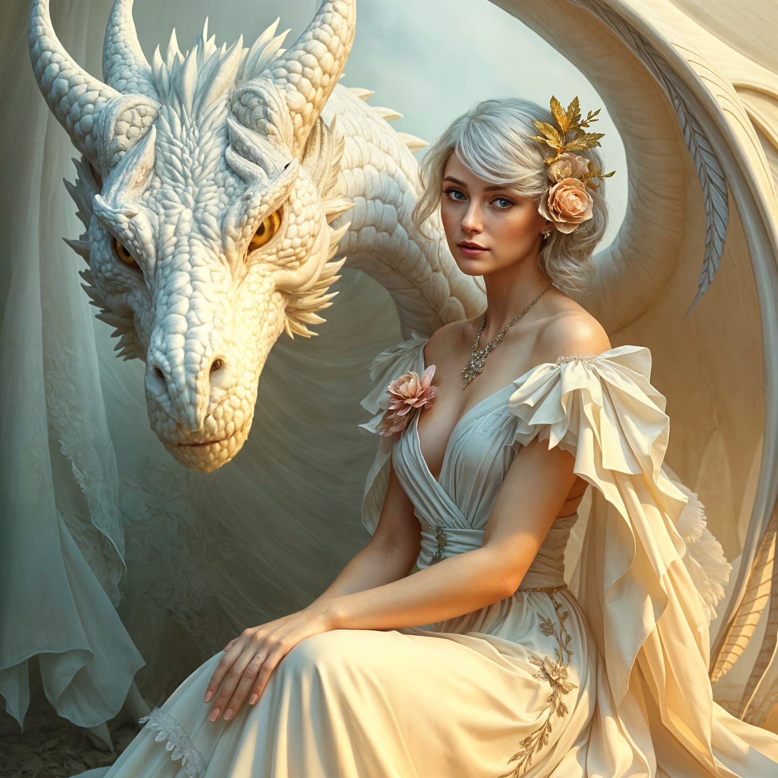 Fantasy Woman and Dragon in Art Nouveau Style
