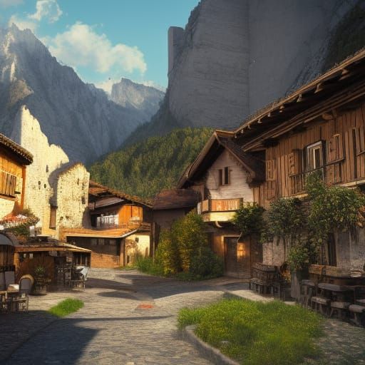 Pyrenees Mountain Town: Detailed Matte Painting