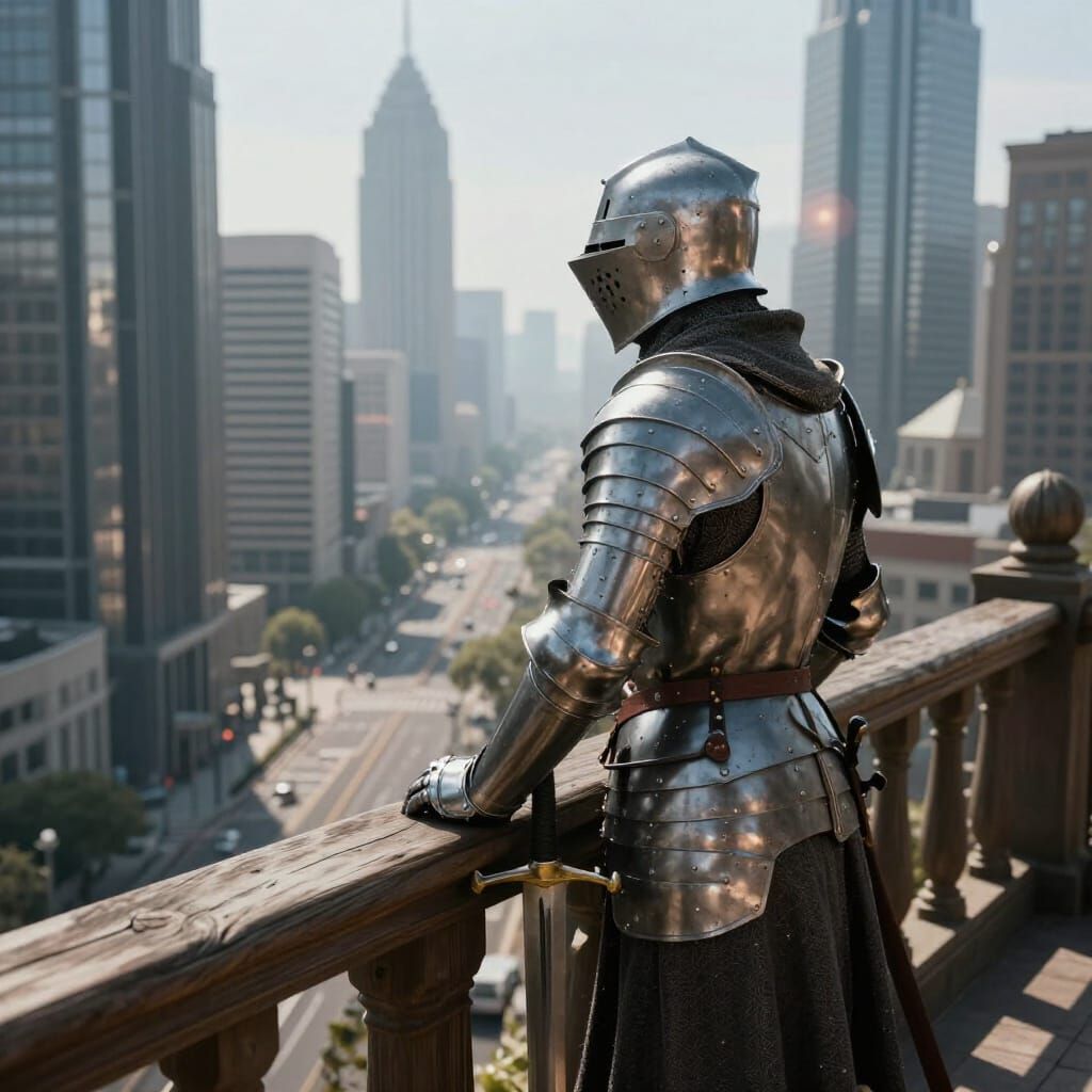 Medieval Knight Contrasts Modern Cityscape in Cinematic 3D