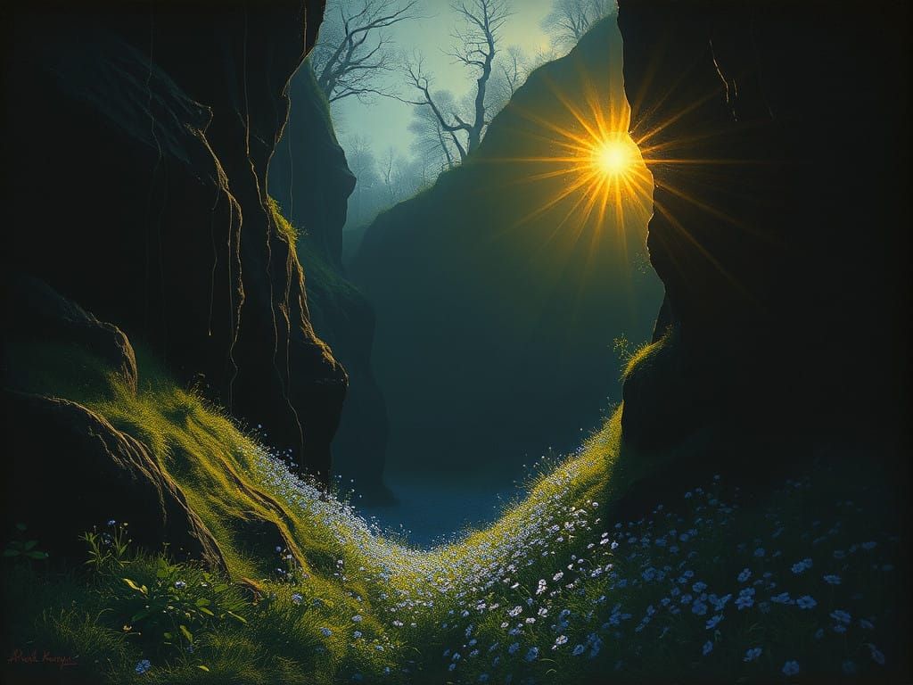 Sunlit Blue Bloom in a Dark Ravine Landscape