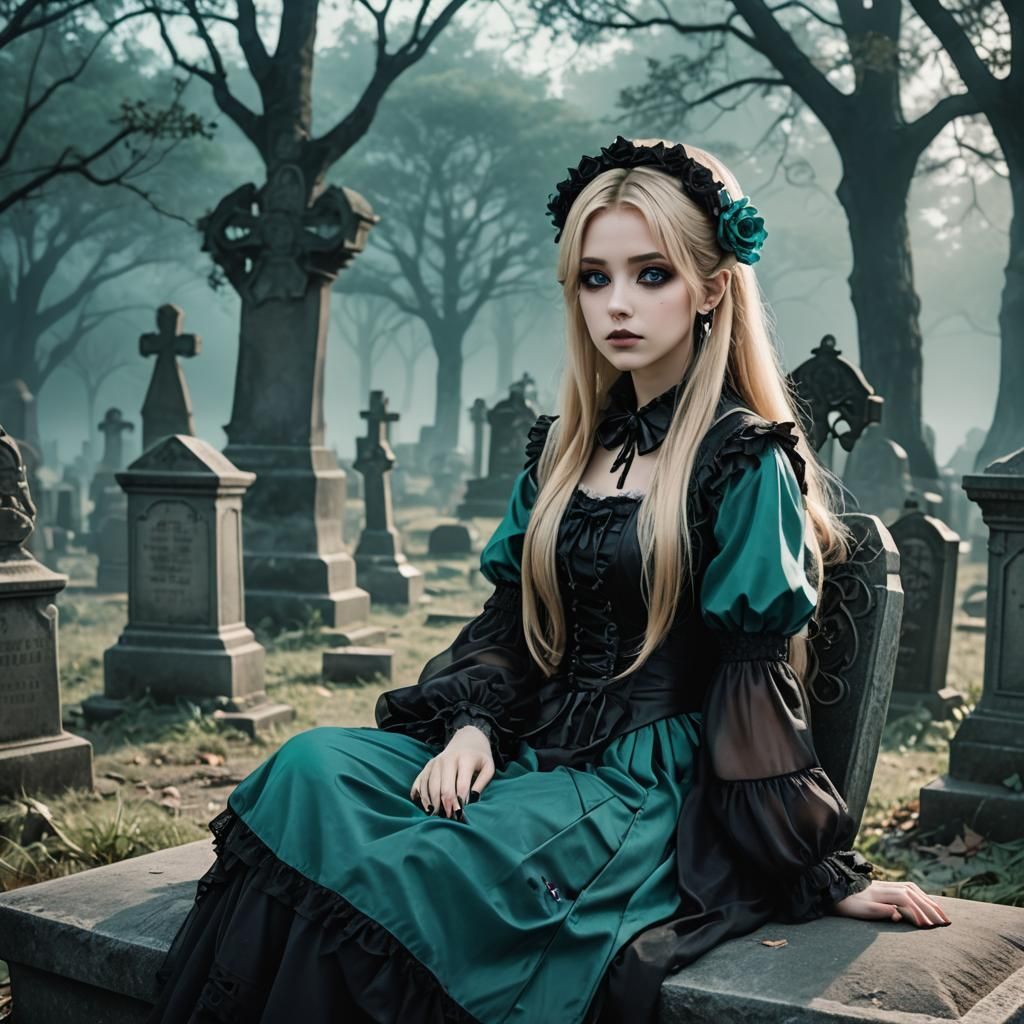 Gothic Lolita Girl in Misty Cemetery, Anime Style