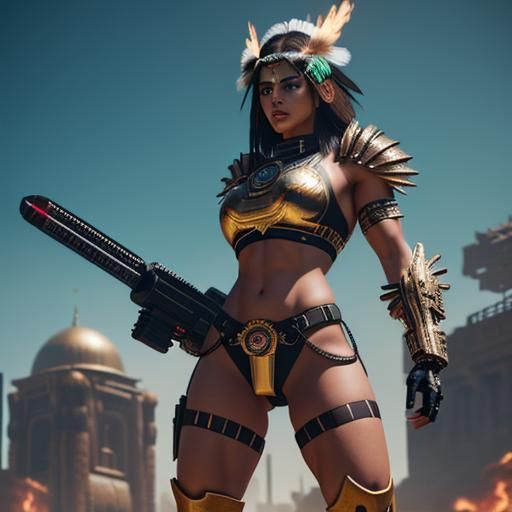 Aztec Warrior Woman with Flaming Sword in Cyberpunk Style