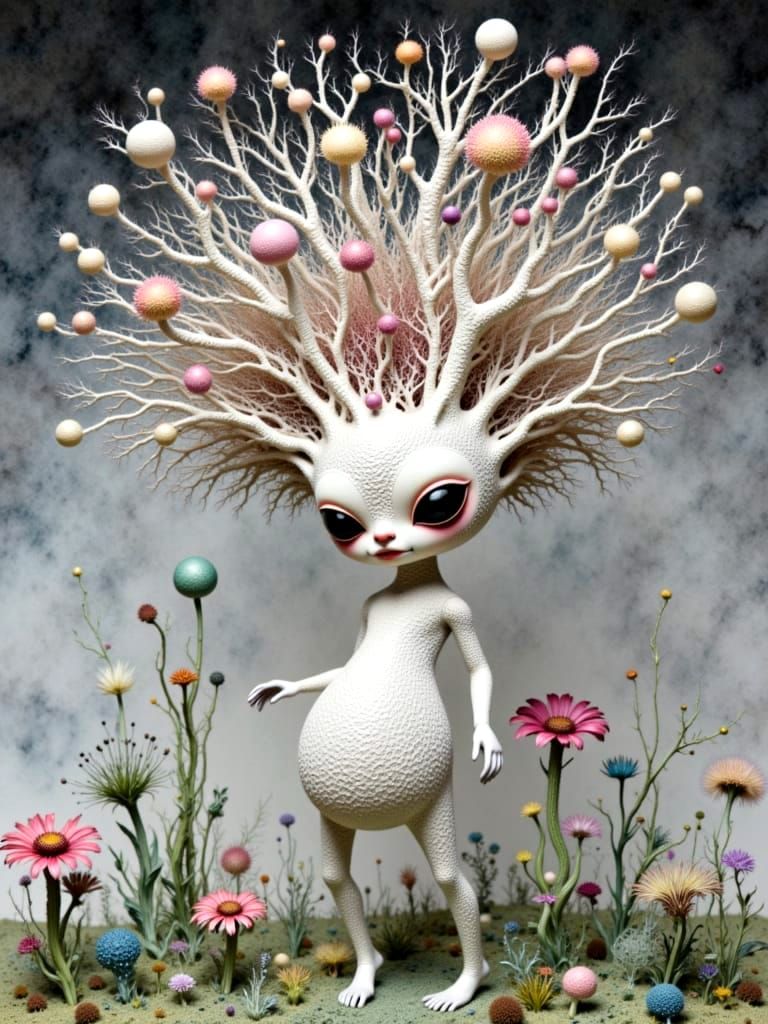 Artistic Wool Doll Holding Sculptural Dried Flower Arrangeme...