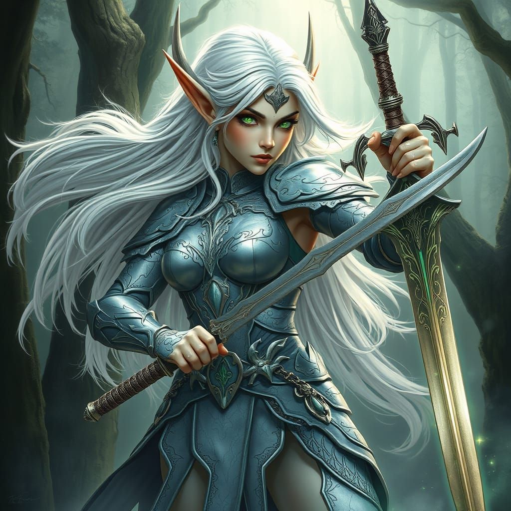 Elven Warrior Princess in Mystical Forest, Fantasy Art