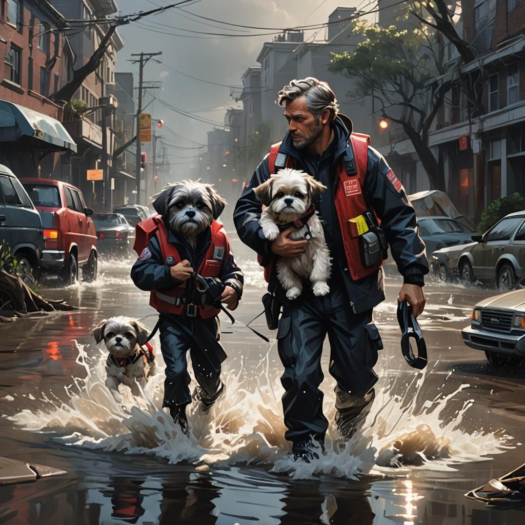 A heroic rescue worker with black hair and rugged facial stu...