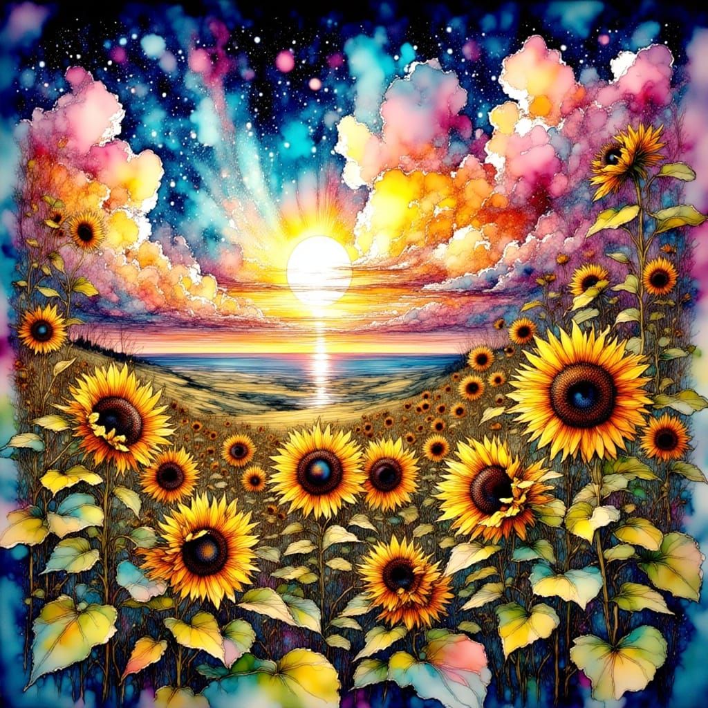 Surreal Sunflowers in Celestial Sky Ink Drawing