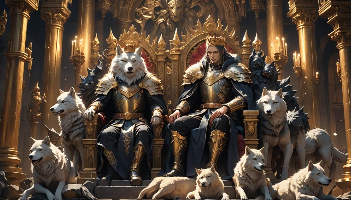 King on Throne with Wolves: 3D Anime Art