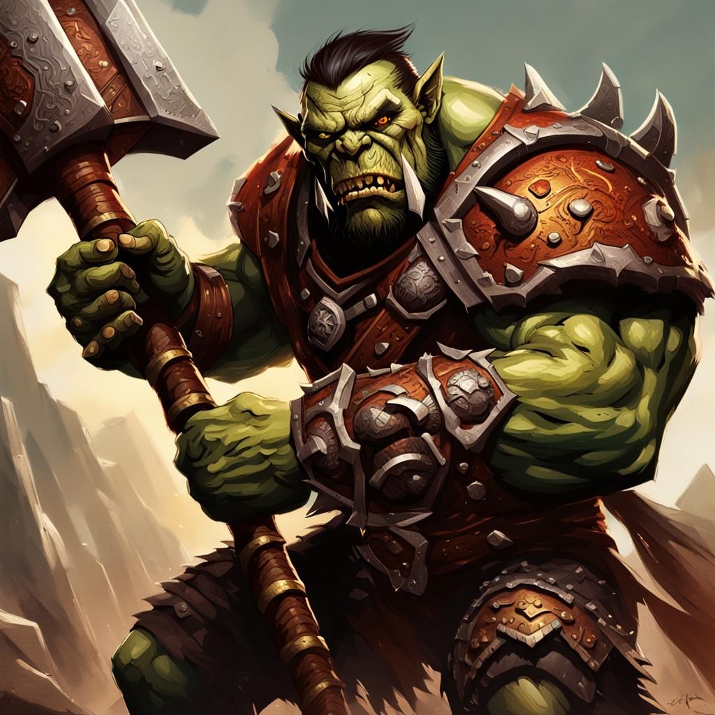 Fearsome Orc Warrior Wields Intricately Designed War Hammer