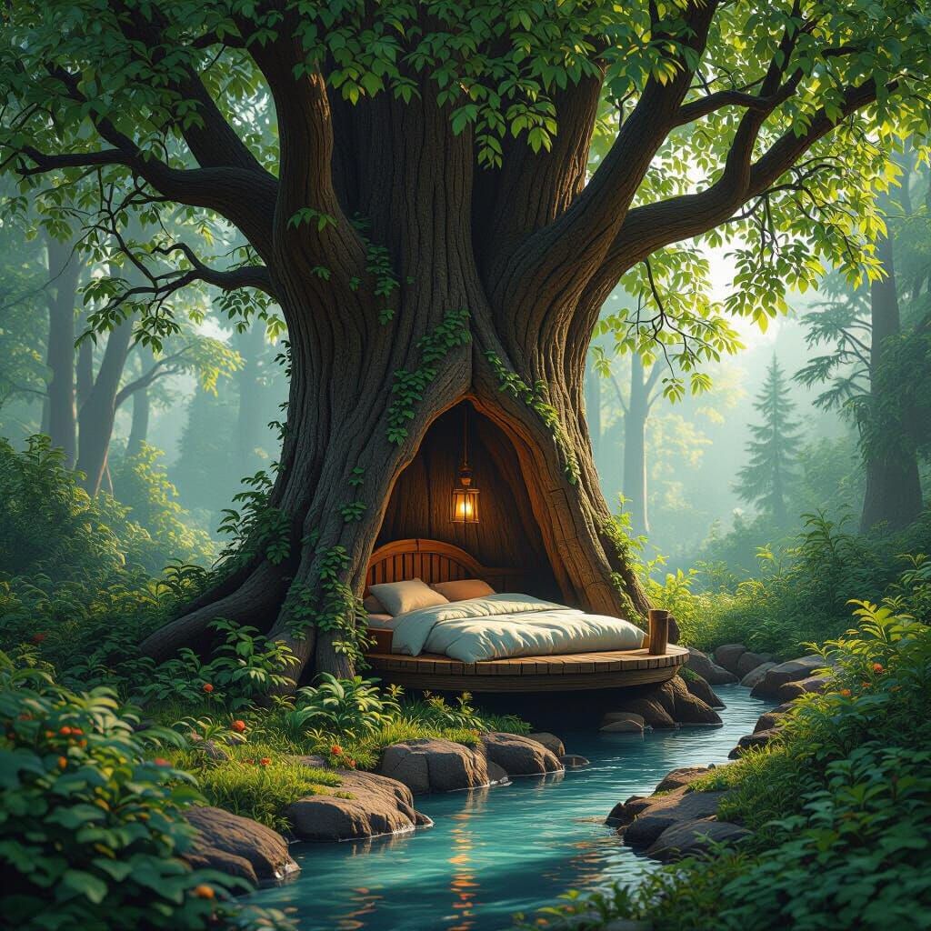 Enchanted Forest Bedroom with Tree Bed: Fantasy Concept Art