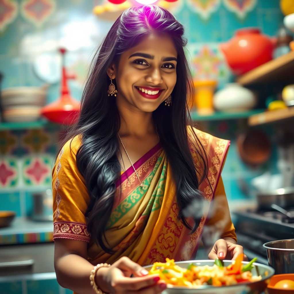 Joyful Bengali Woman Preparing Lunch, Hyperrealistic Style