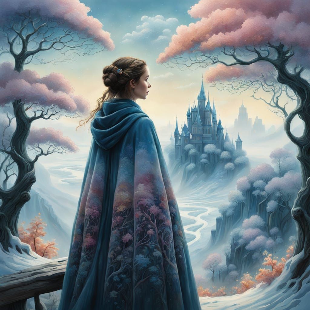 Whimsical Winter Scene in Dreamy, Double Exposure Style