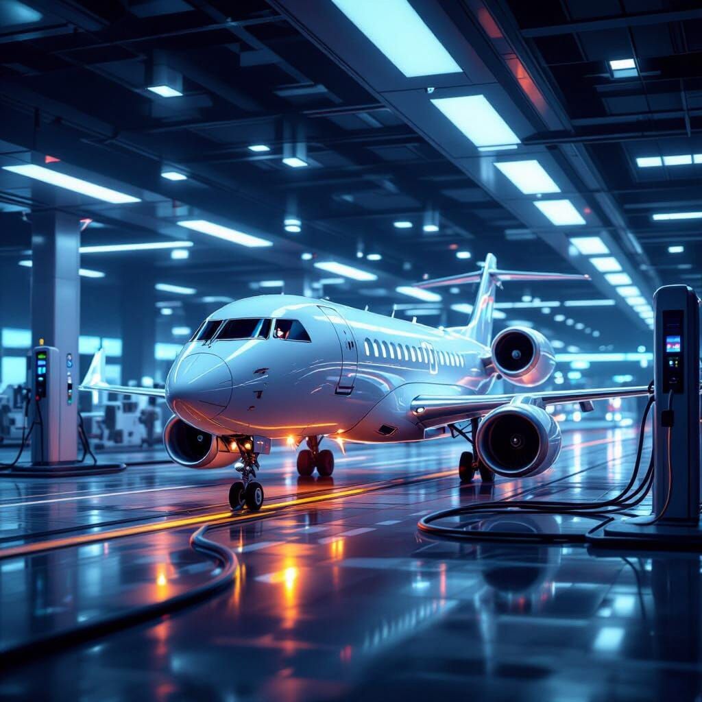 Electric Jet Recharging at Futuristic Airport Gate