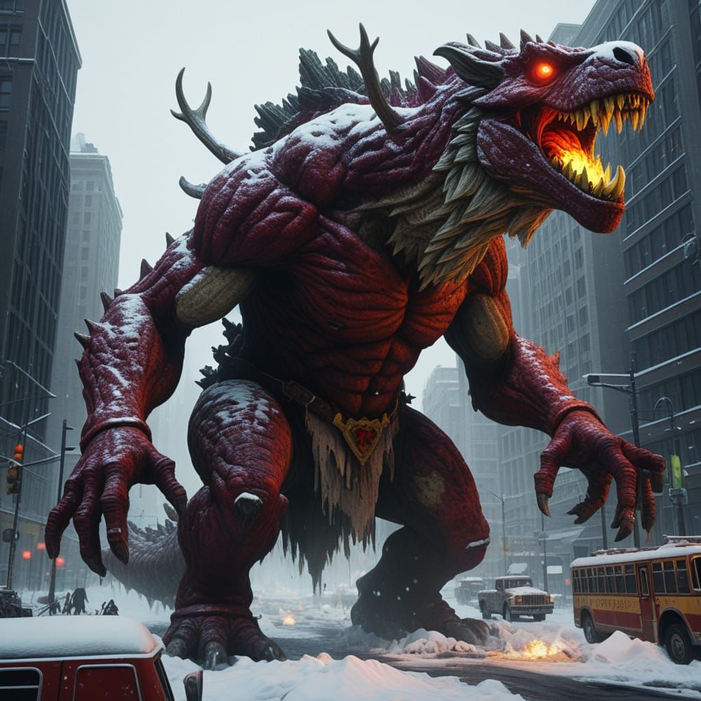 Dark Fantasy Santa Godzilla Rampage in Art Nouveau Style