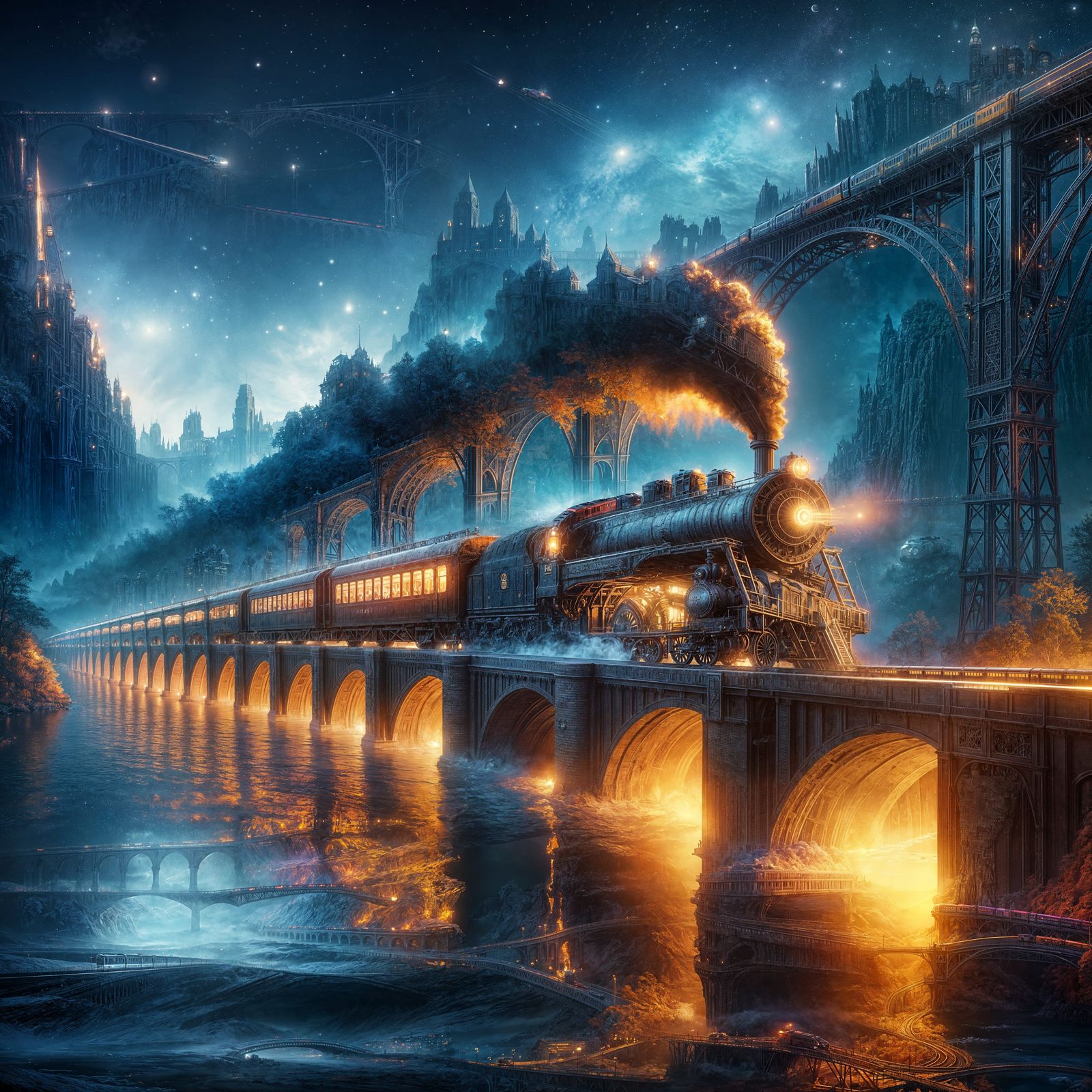 Classic Train on Bridge at Night in Fantasy Style