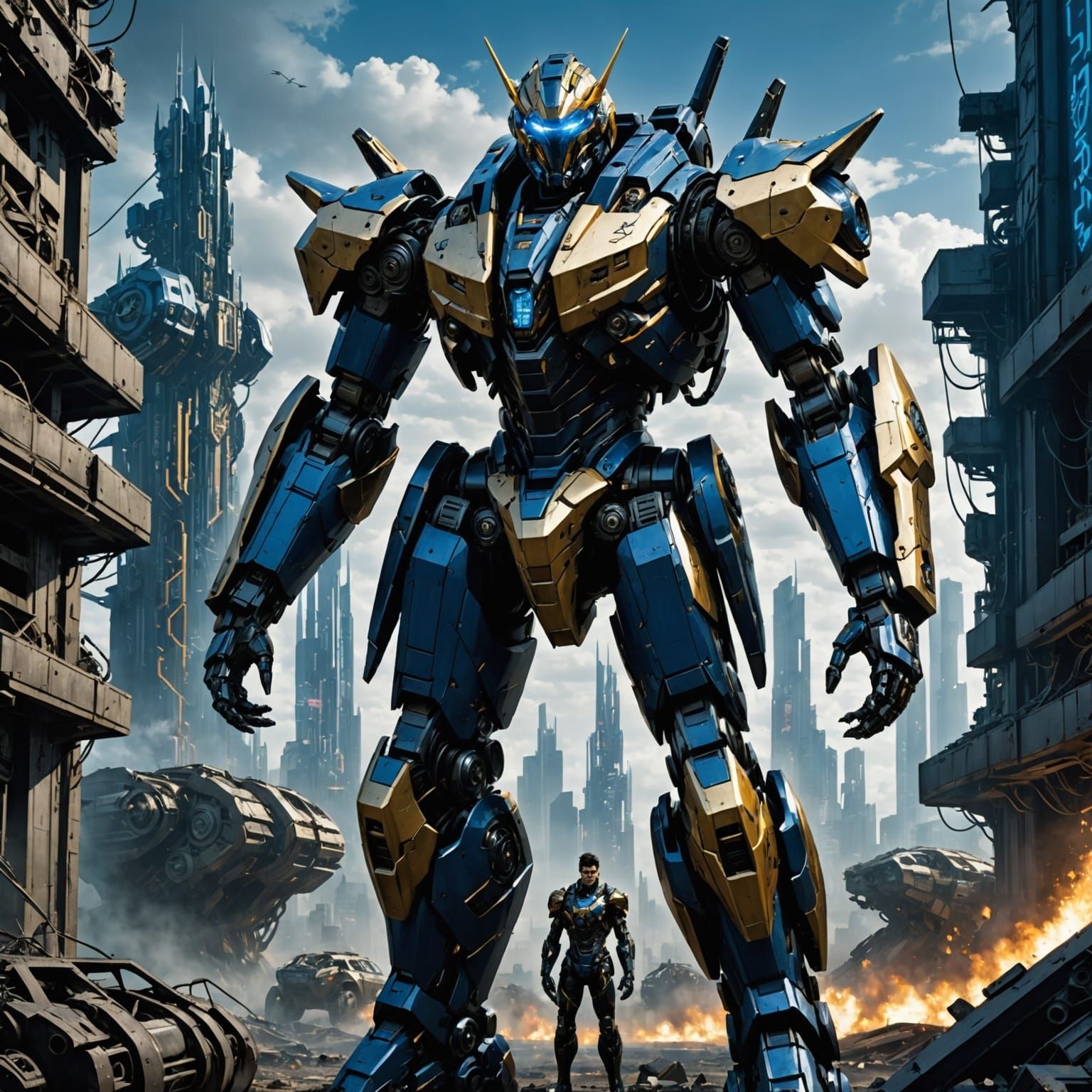 Bio-Mecha Leader in Ruined Cyberpunk Cityscape