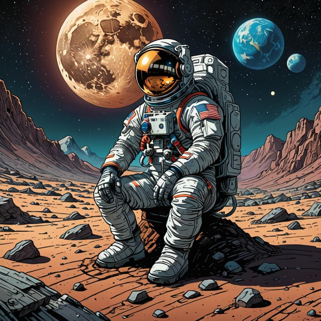 Astronaut on Moon in Comic Book Style