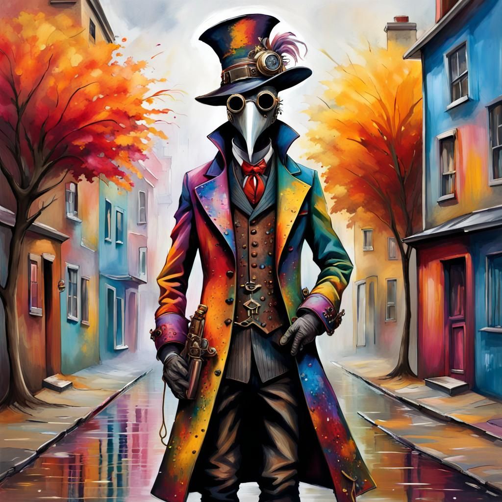 A very Flamboyant steampunk plague doctor wearing a brightly colored Victorian frock coat autumn neighborhood, Hallowe...