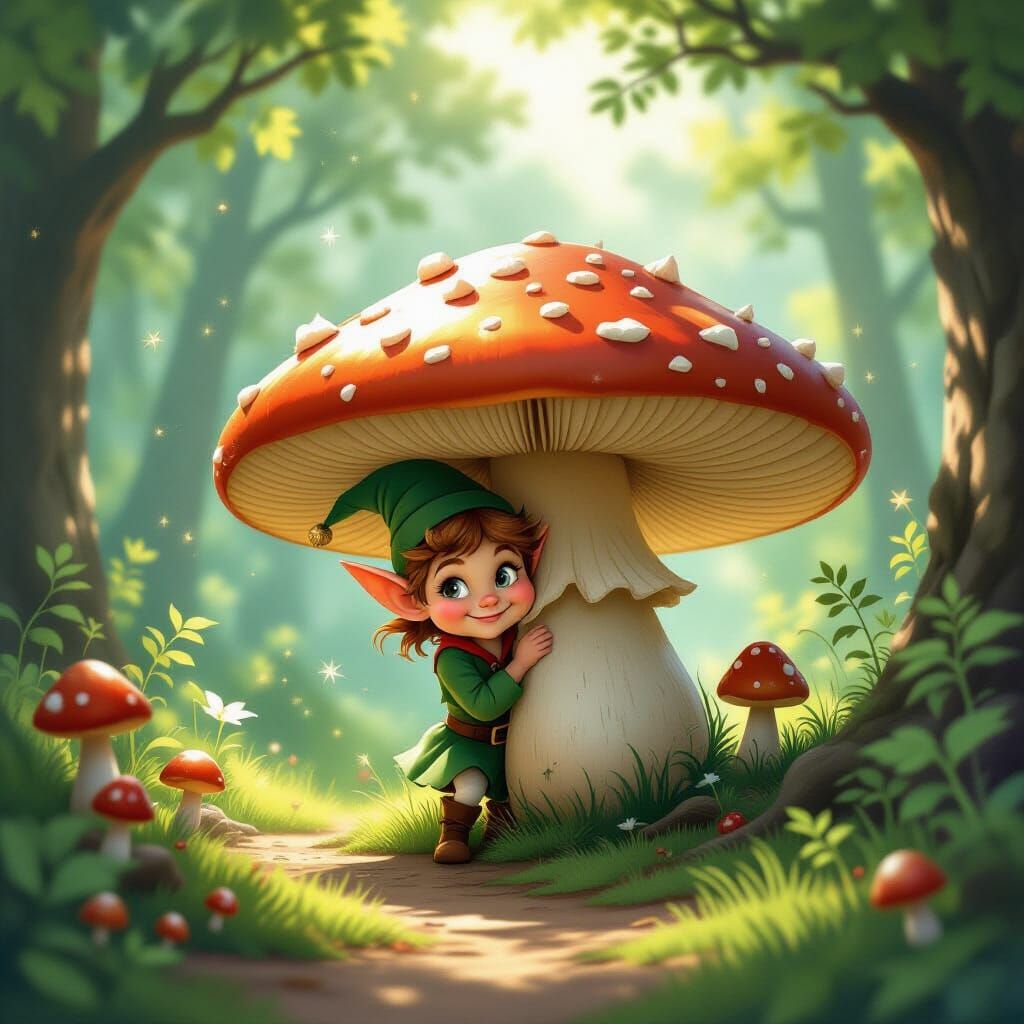 Mischievous Elf Hiding Behind Giant Mushroom in Enchanted Fo...