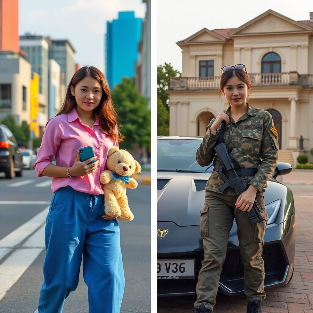 Contrasting Worlds: Woman in City vs. Military Figure