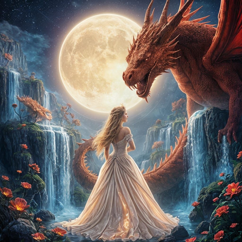 Dragon and Princess Encounter in Dreamlike Realm