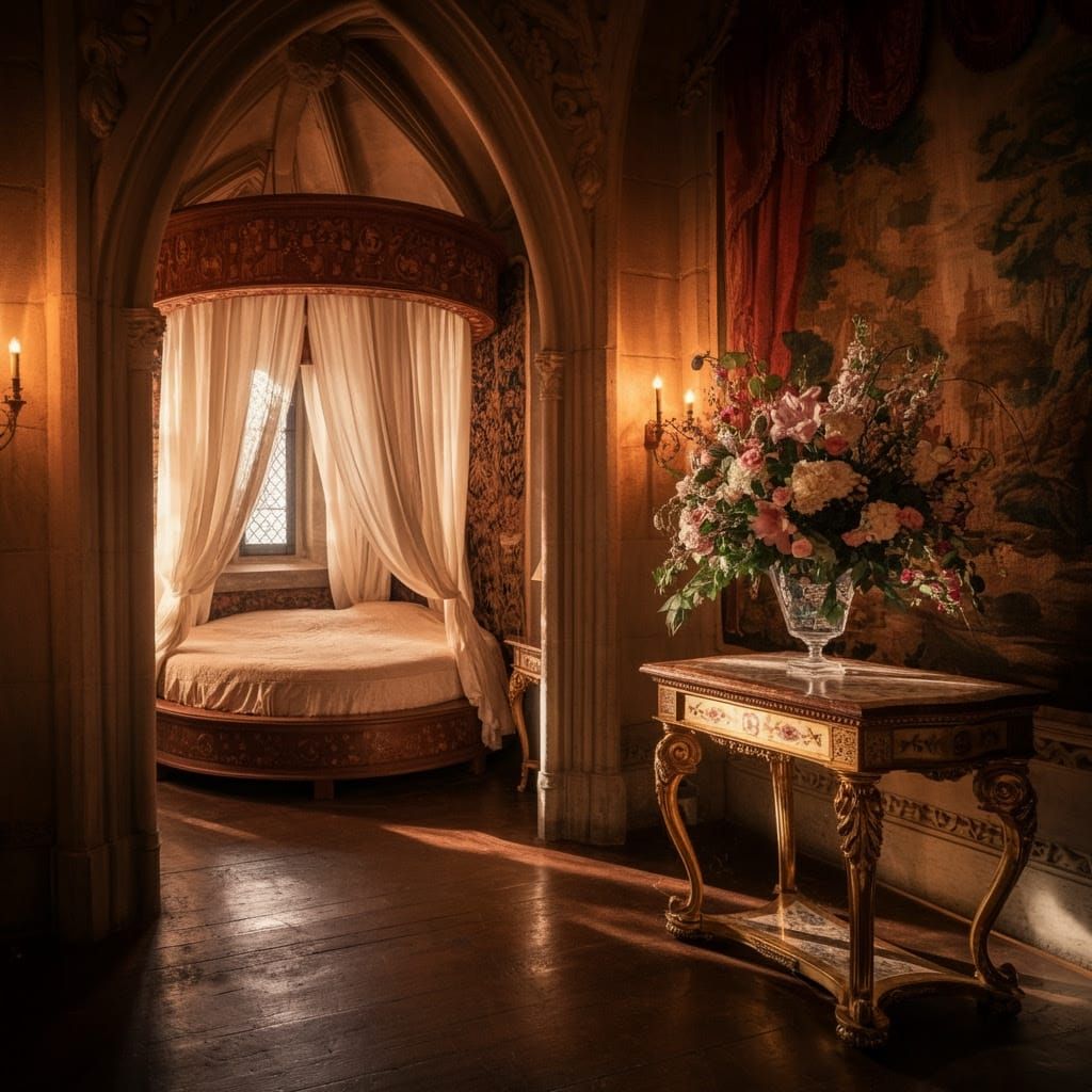 Medieval Monarch's Luxurious Bedchamber in 19th-Century Roma...