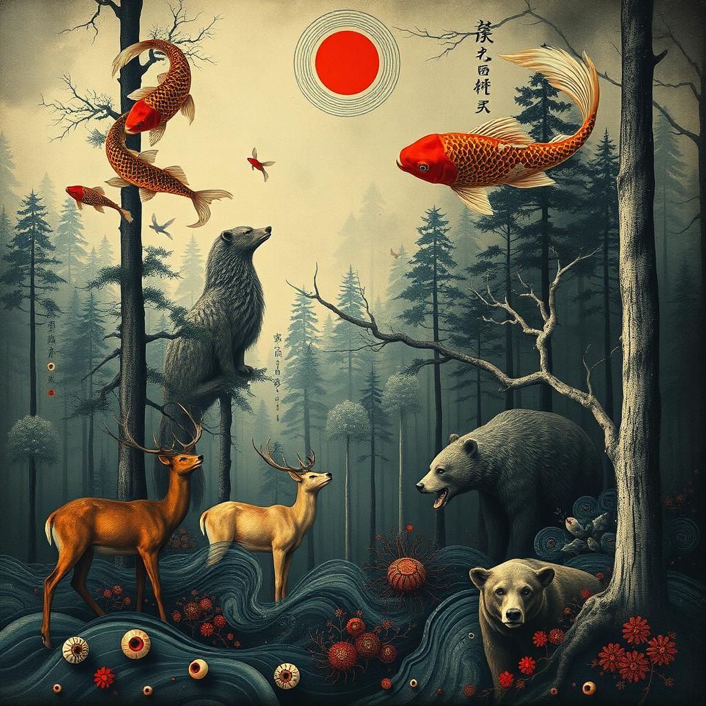 Surreal Japanese Wildlife in Dystopian Automatism Style